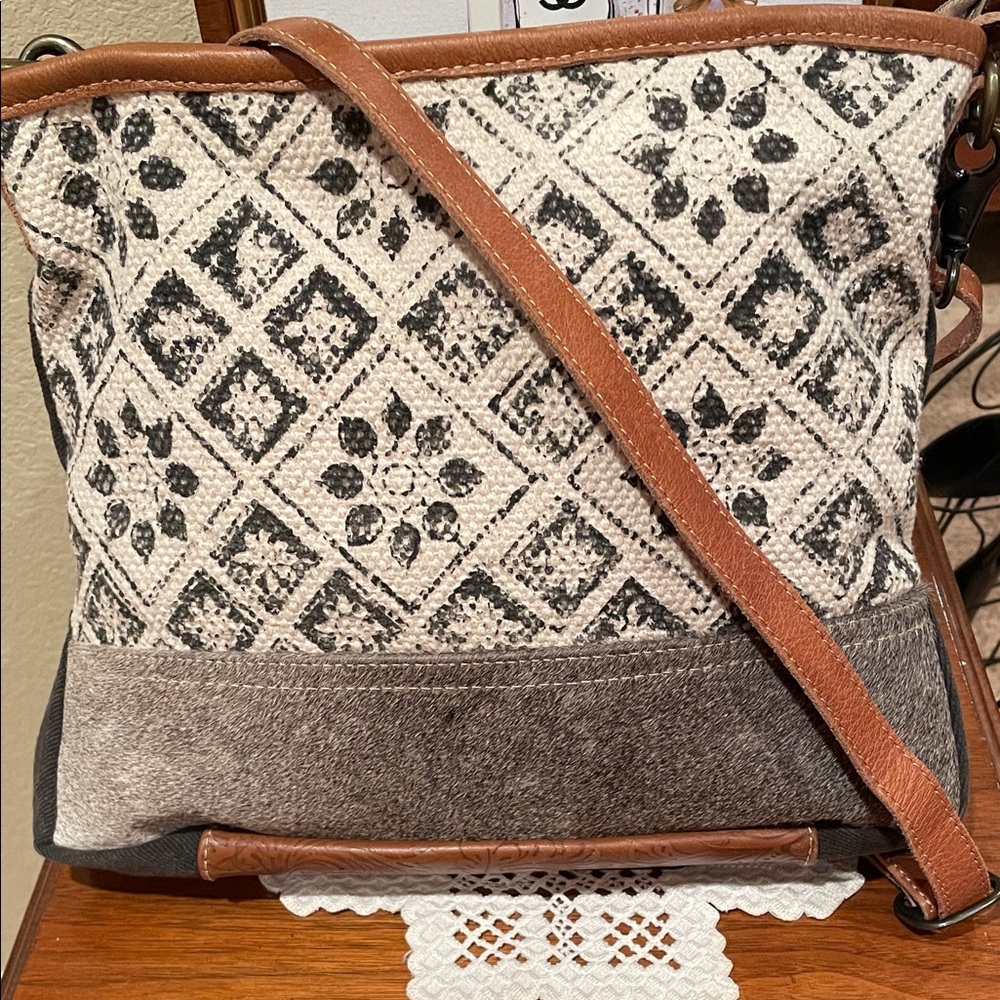 Myra Bag Cream Black Patterned Crossbody with Brown Trim